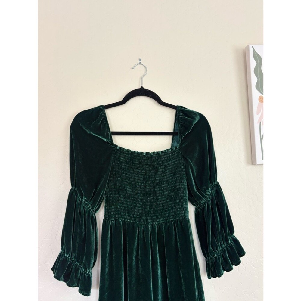 Reformation Albi Velvet Mini Dress Emerald Green Smocked Puff Sleeve Small - Picture 3 of 8